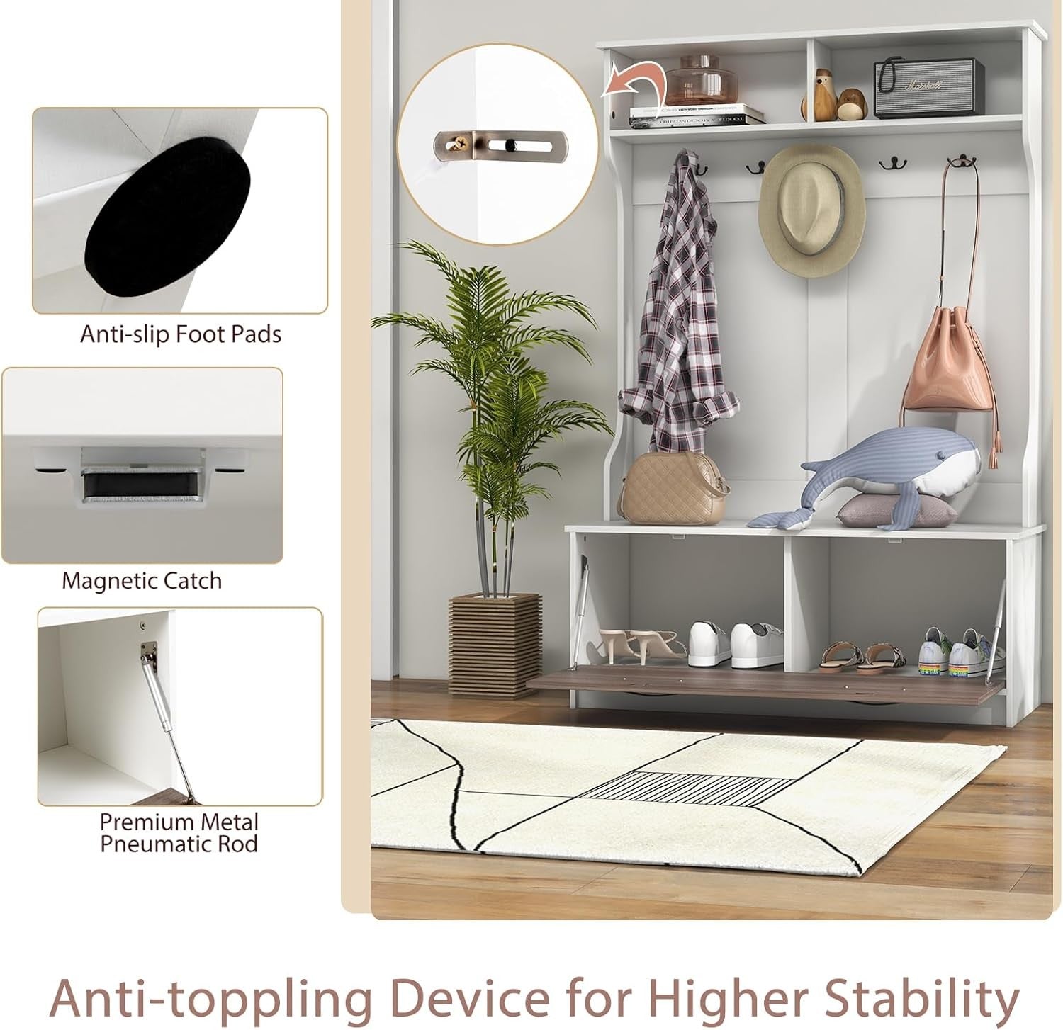 White Hall Tree Coat Rack with Shoe Storage Bench & Shelves for Entryway