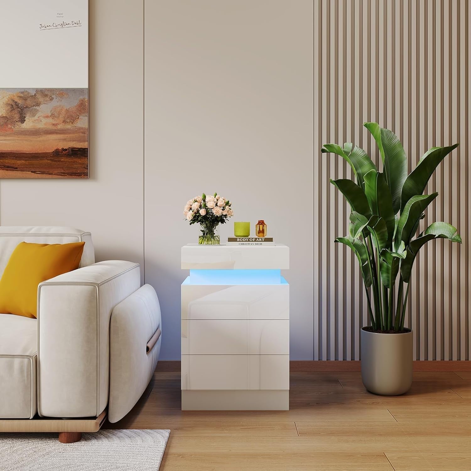 Modern Gloss White Bedside Cabinet with LED Lights, USB Charging Ports