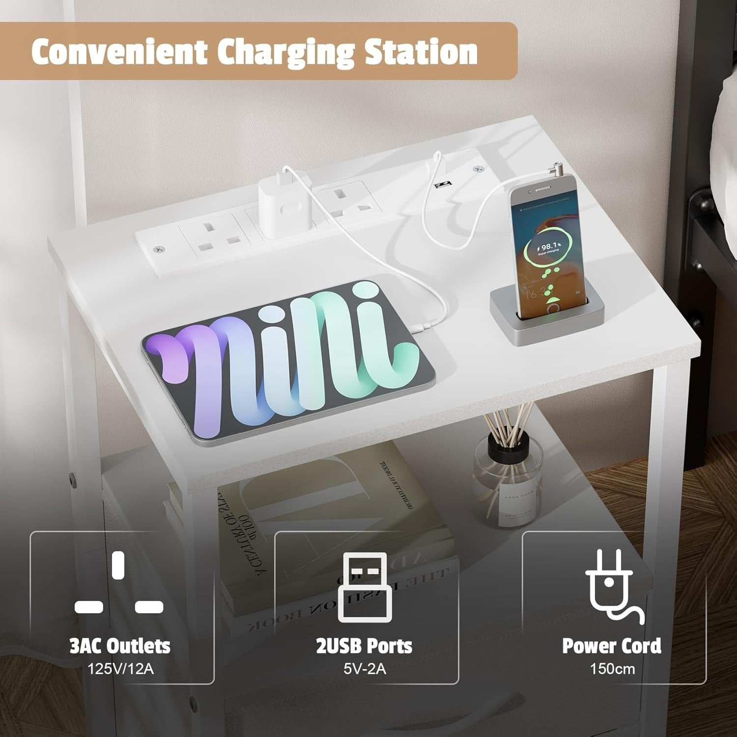 Set of 2 White Bedside Tables with LED Lights & USB Charging Ports