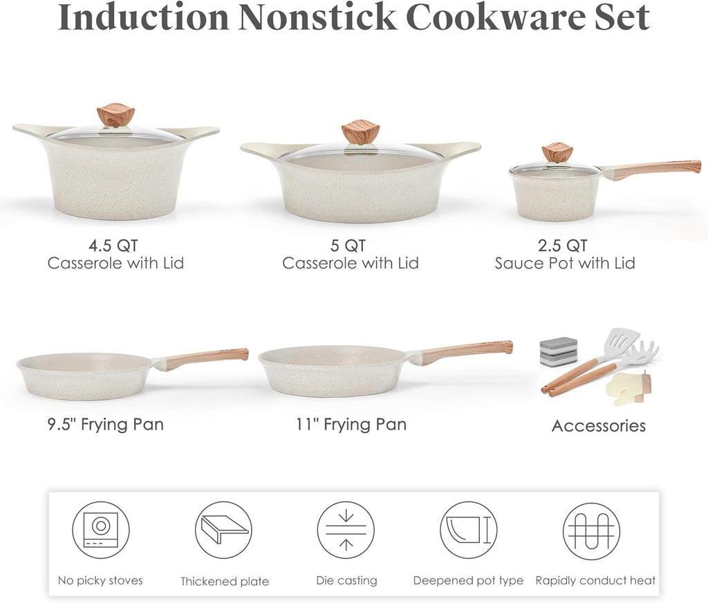 10Pcs Beige Non Stick Cookware Set with Lids Heat-Resistant Handles