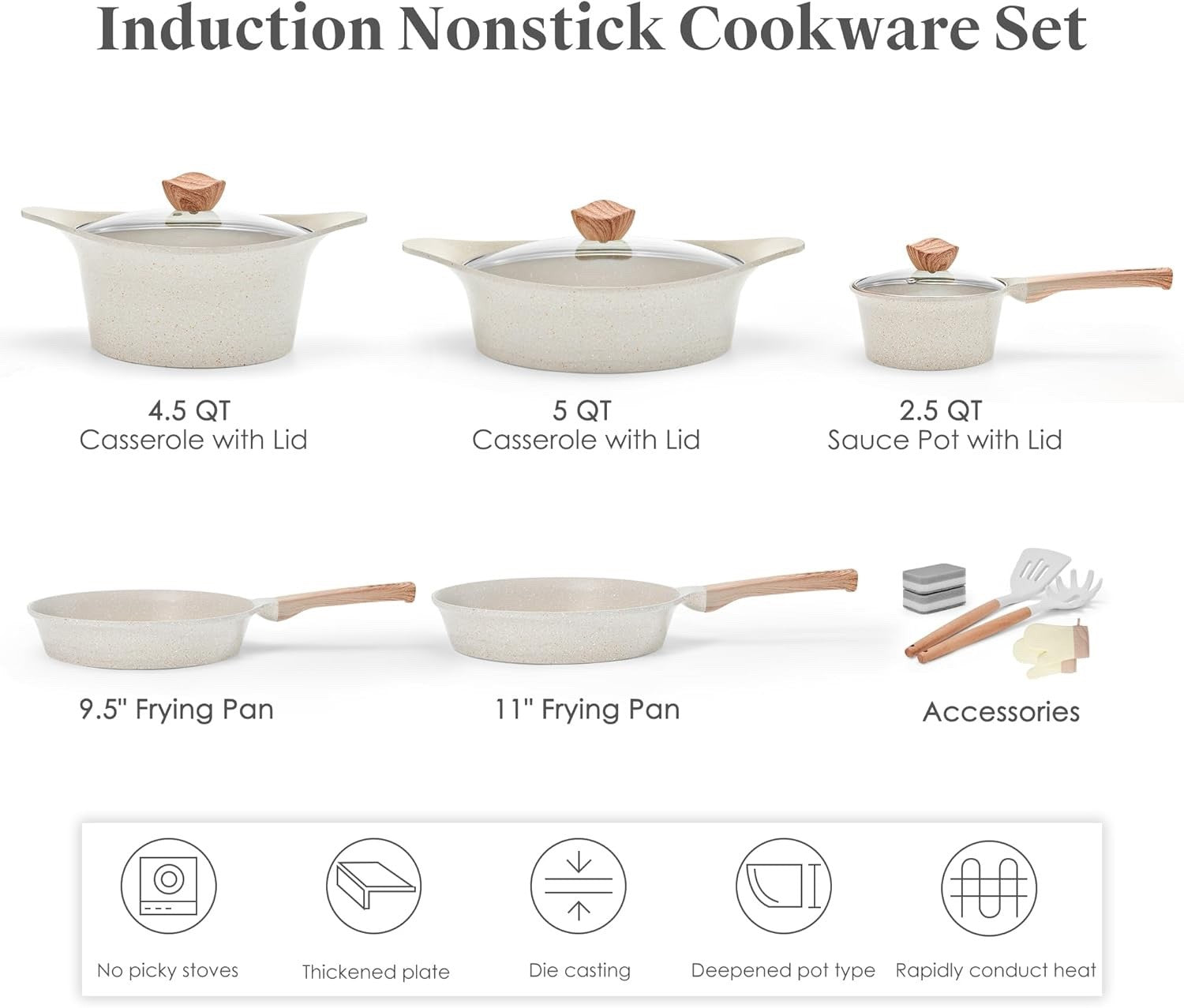10Pcs Beige Non Stick Cookware Set with Lids Heat-Resistant Handles