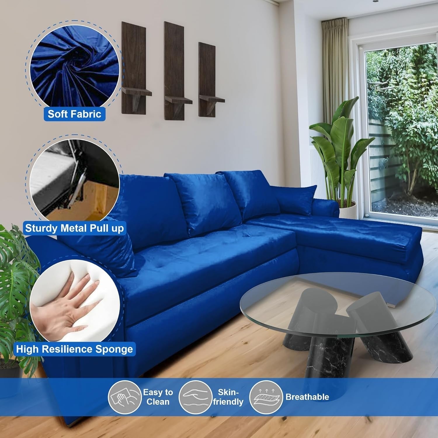 Convertible L-Shape Sofa Bed with Storage – Velvet Sleeper Couch Blue