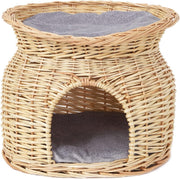 2 Tier Wicker Cat Cave House Kitten Basket Bed with Cushions Beige