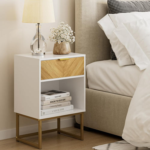 Modern White Bedside Table with Drawer & Shelf – 40x40x65cm Wooden Nightstand