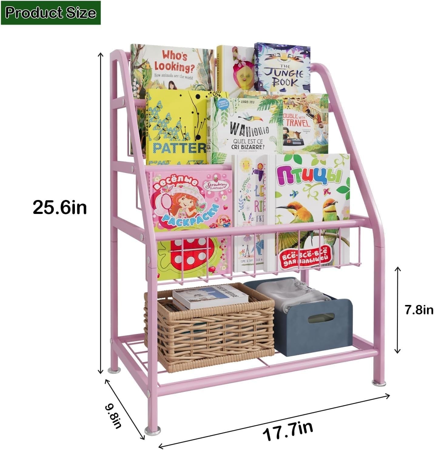 Kids Leaning Bookshelf & Toy Organizer Rack – Durable Metal, Space Saving, Pink