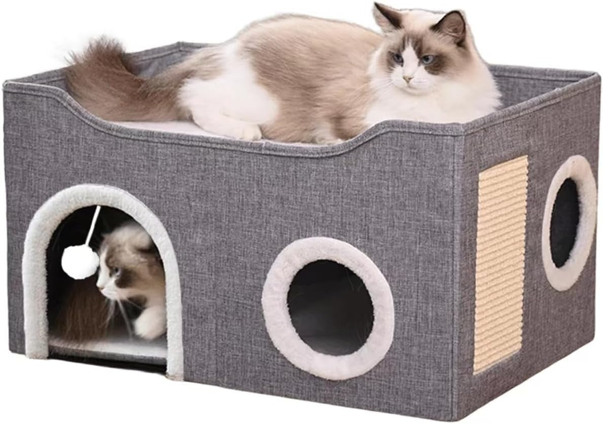 Foldable Cat House Cave Bed with Scratching Board 2 Tier Cat Condo