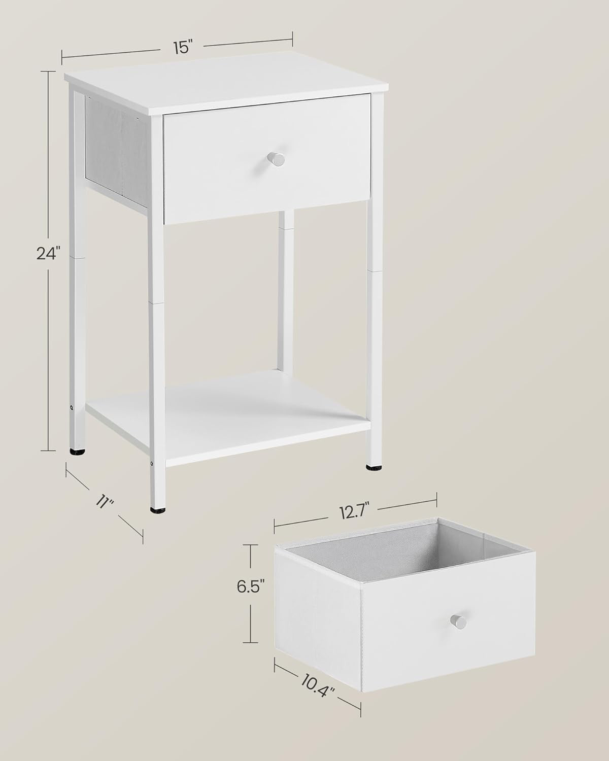 Set of 2 Tall White Bedside Tables with Drawer & Shelf, Modern 24-Inch Nightstan