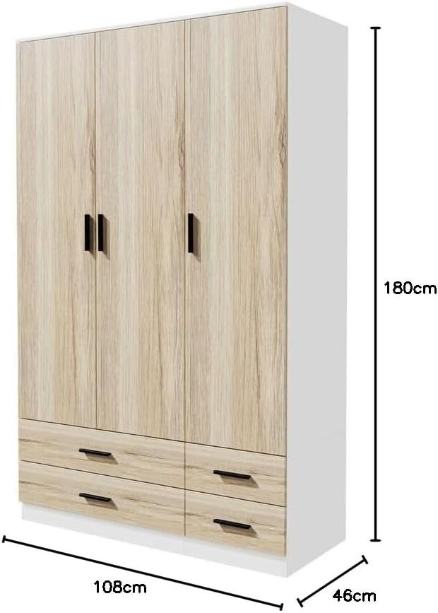 Modern 3-Door 4-Drawer Wardrobe with Hanging Rail & Storage Shelf – Oak/White
