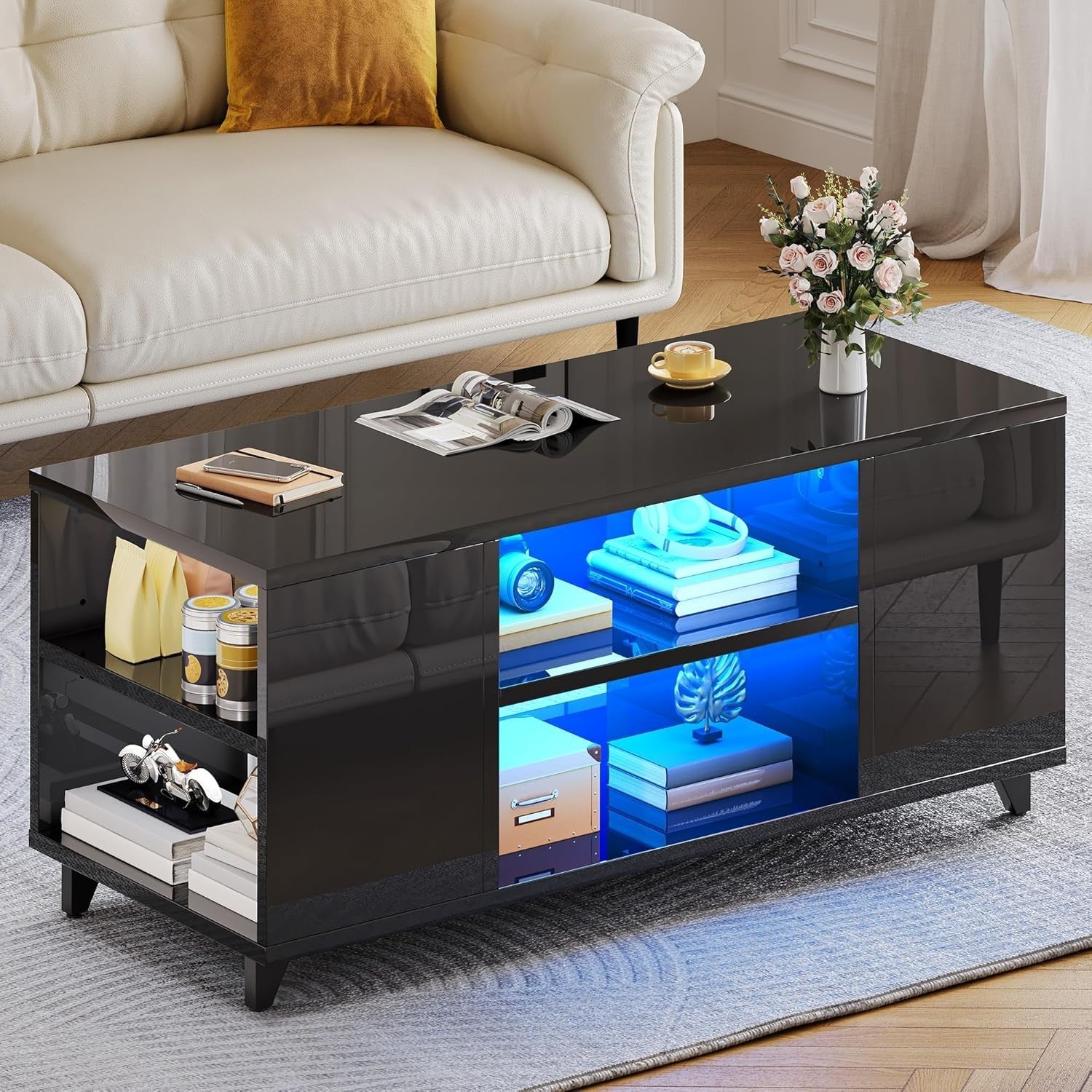 Black High Gloss LED Coffee Table with Adjustable Storage, 97.5x48cm