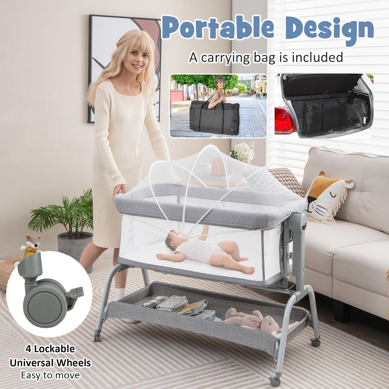 4in1 Baby Bedside Crib Adjustable Rocking Bassinet with Mattress & Storage