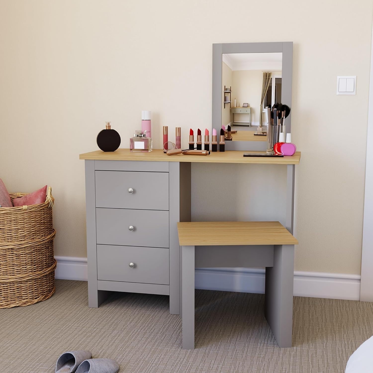 Modern 3 Drawer Chest Tall Dresser Grey Oak Veneer Bedroom Storage
