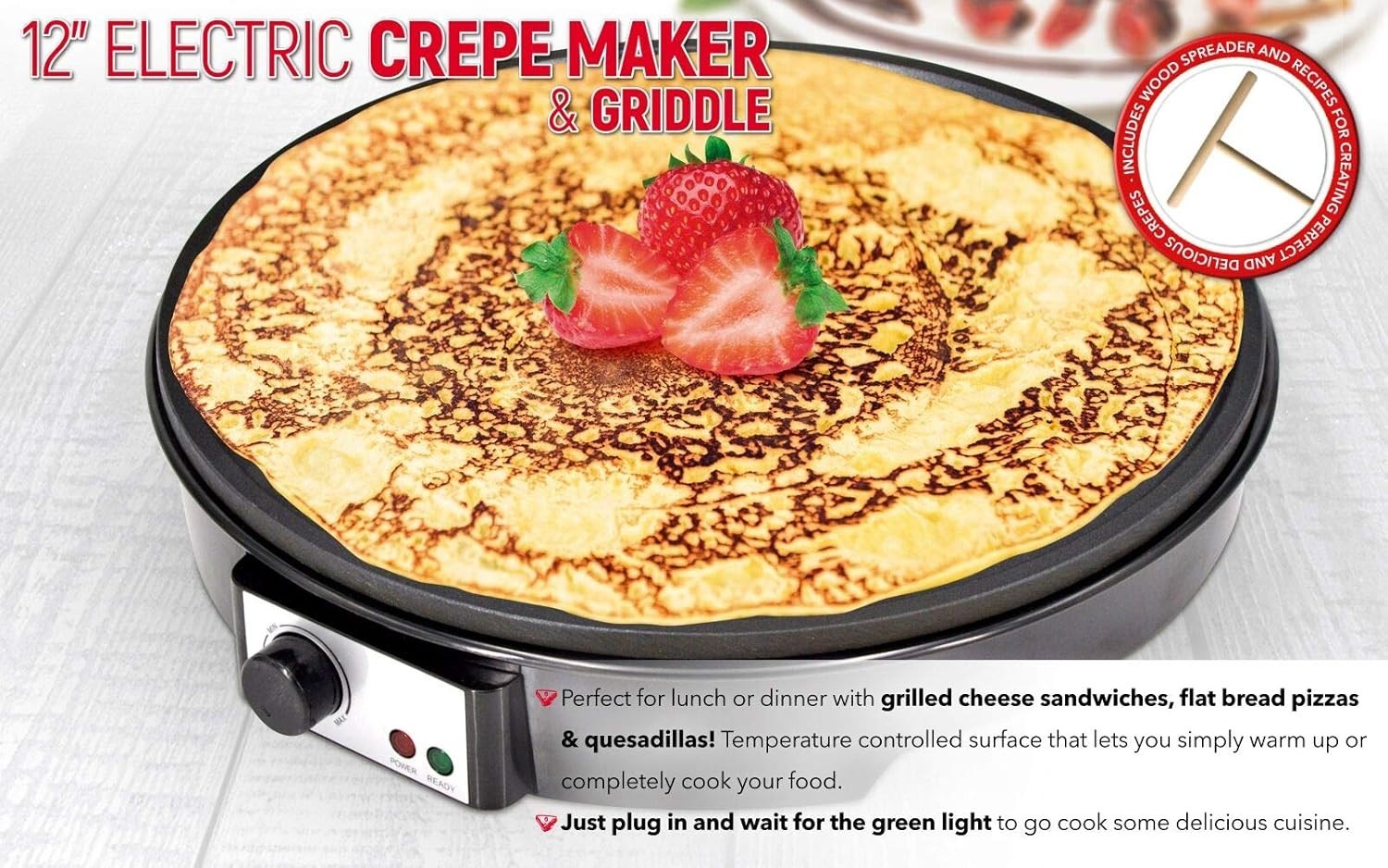 12" Electric Pancake Crepe Maker Non-Stick Hot Plate Adjustable Temp 1000W