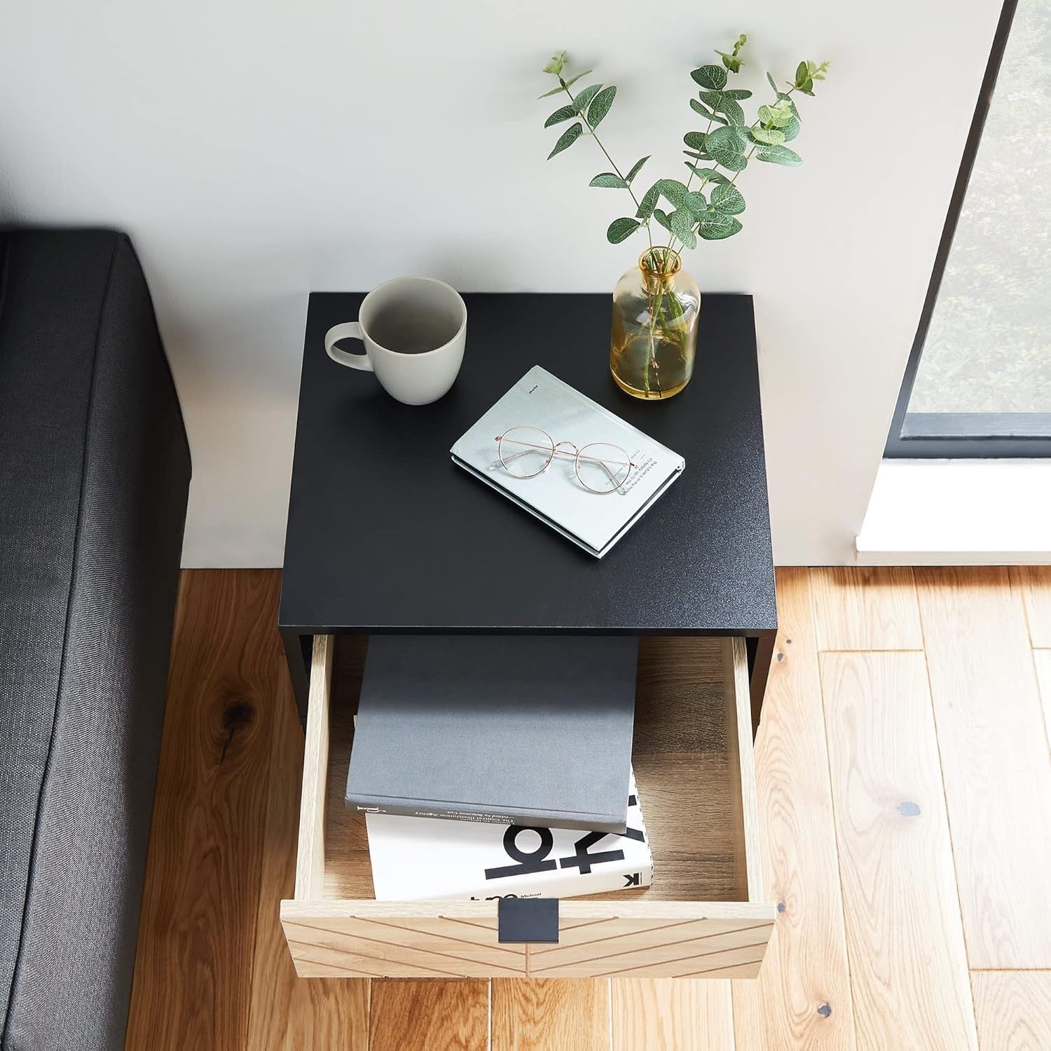 Set of 2 Modern Industrial Bedside Tables | Black & Light Wood Nightstands