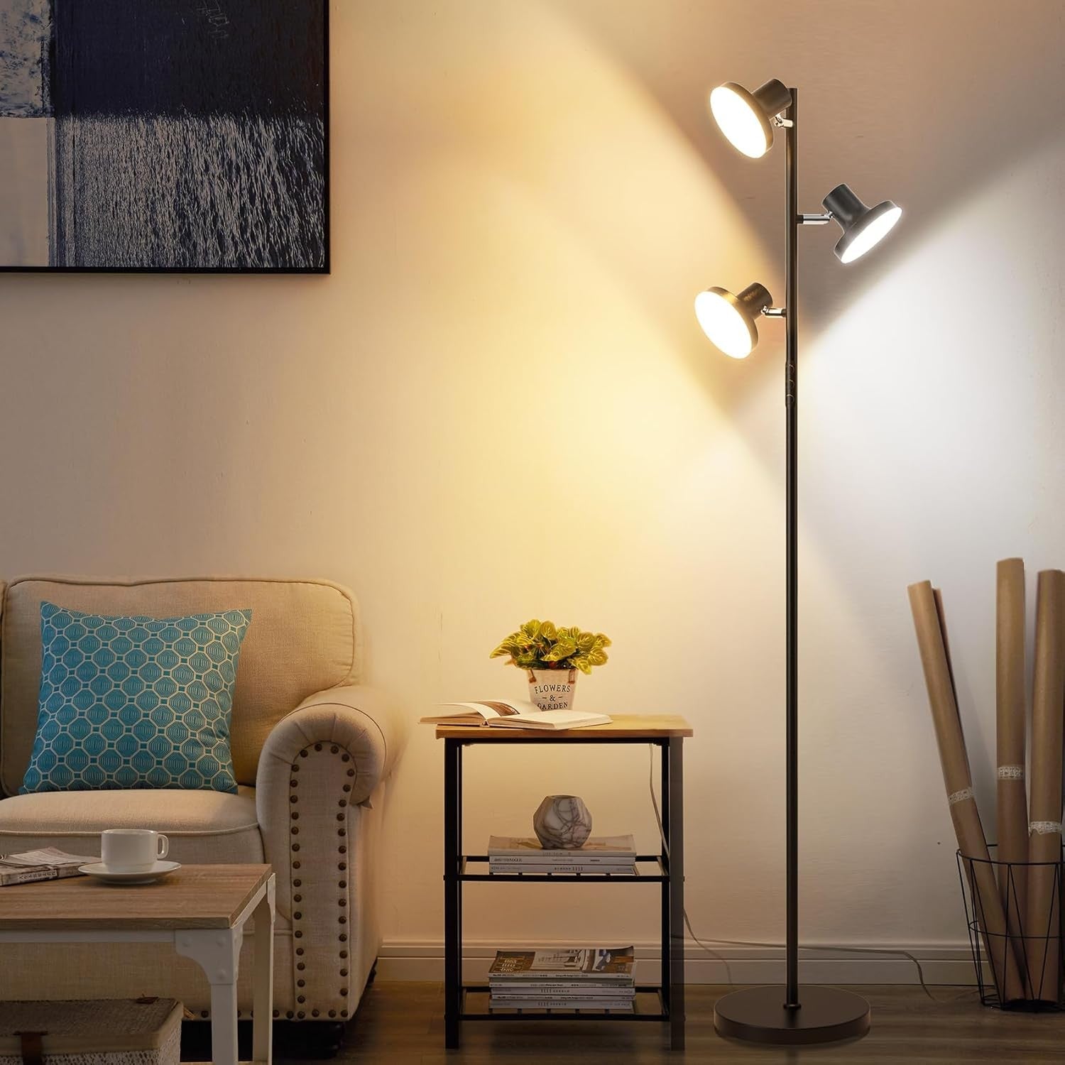 36W LED Tree Floor Lamp Black Dimmable Remote Touch 3 Head Modern Light