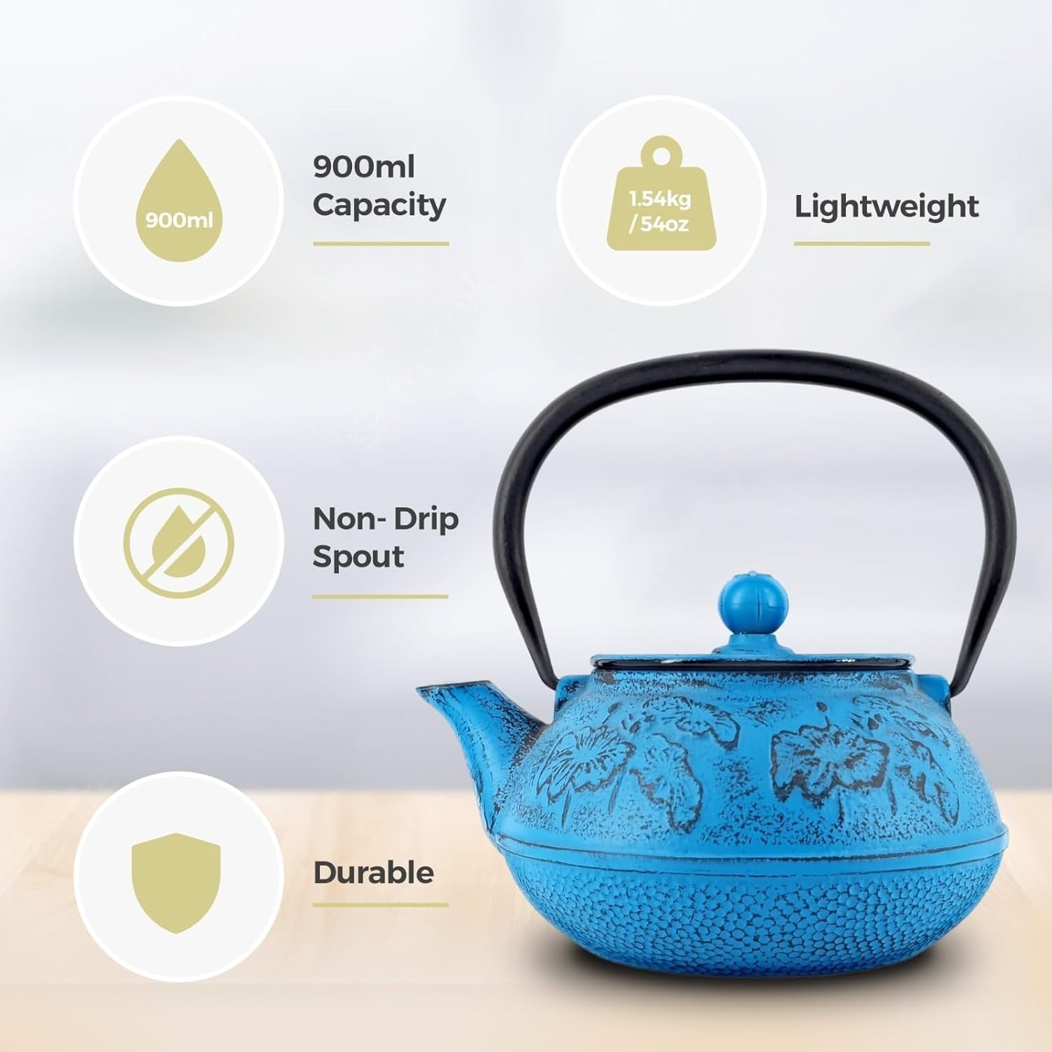 Cast Iron Teapot 900ml Tea Pot w/ Infuser Blue Floral Tetsubin Style