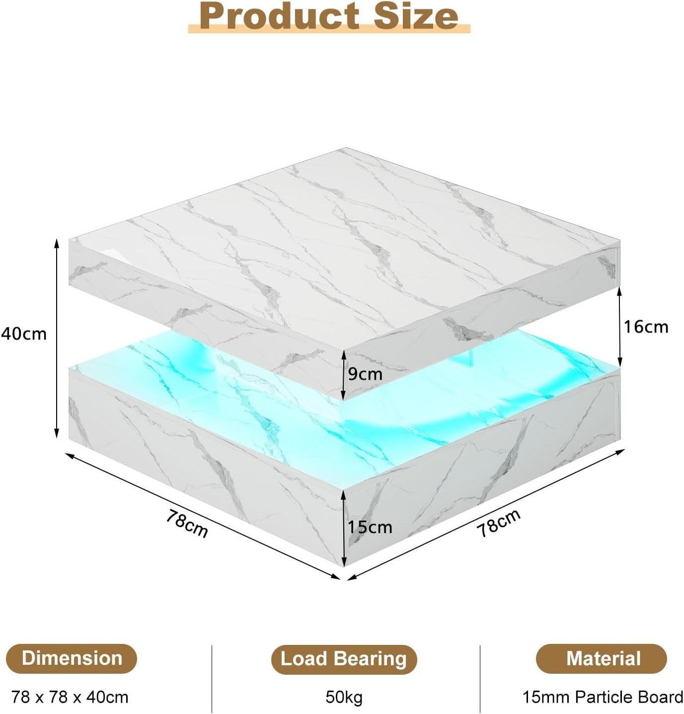 White Marble LED Coffee Table with Storage, 2-Tier Square 78x78cm