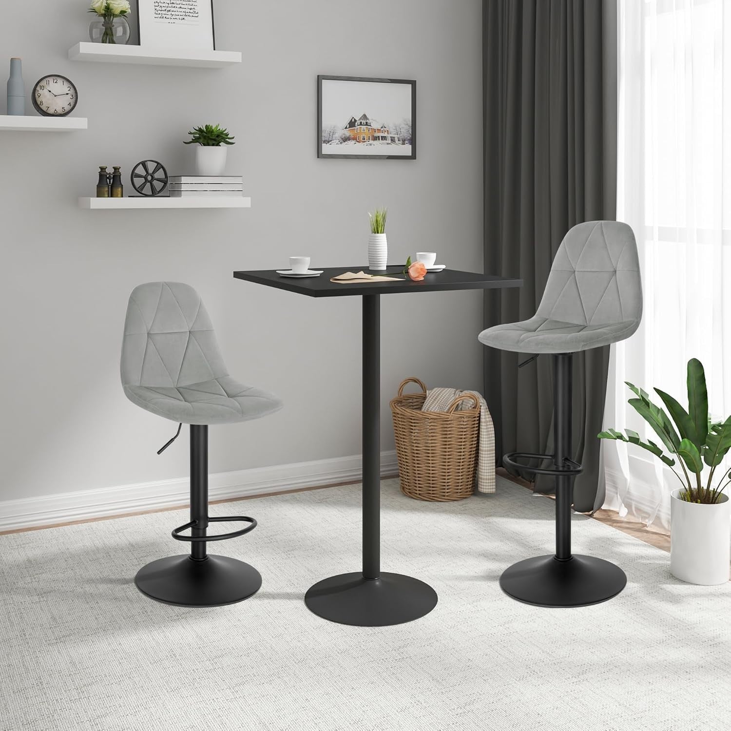 Adjustable Swivel Light Grey Velvet Bar Stool L-Shaped Seat 60-81cm