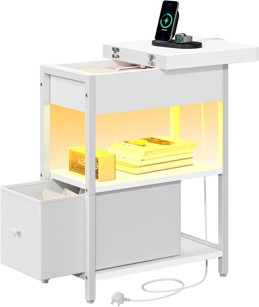 White Slim Side Table with Charging Station, LED Shelf, Drawer & Storage