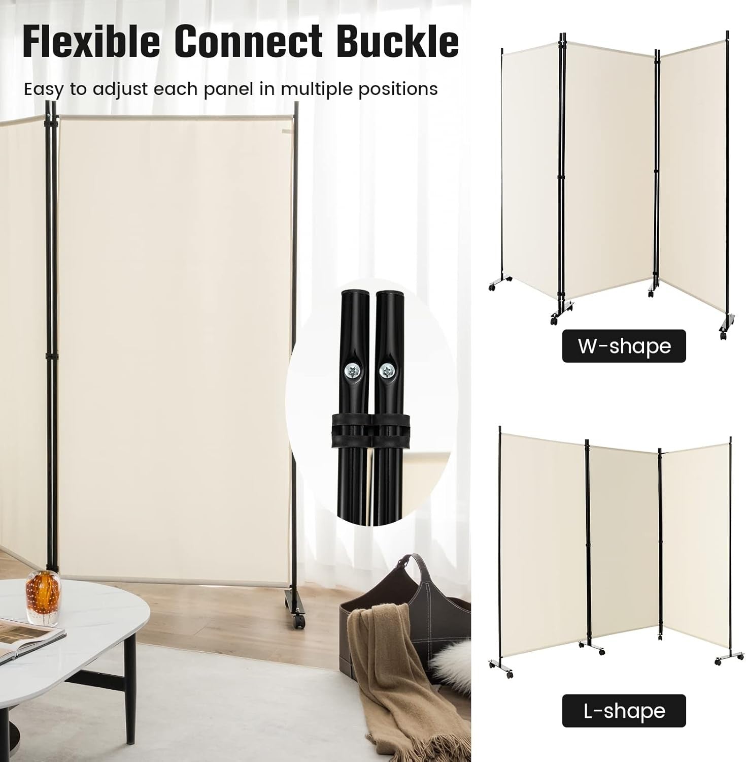 3 Panel Beige Folding Room Divider Privacy Screen on Wheels for Home Office