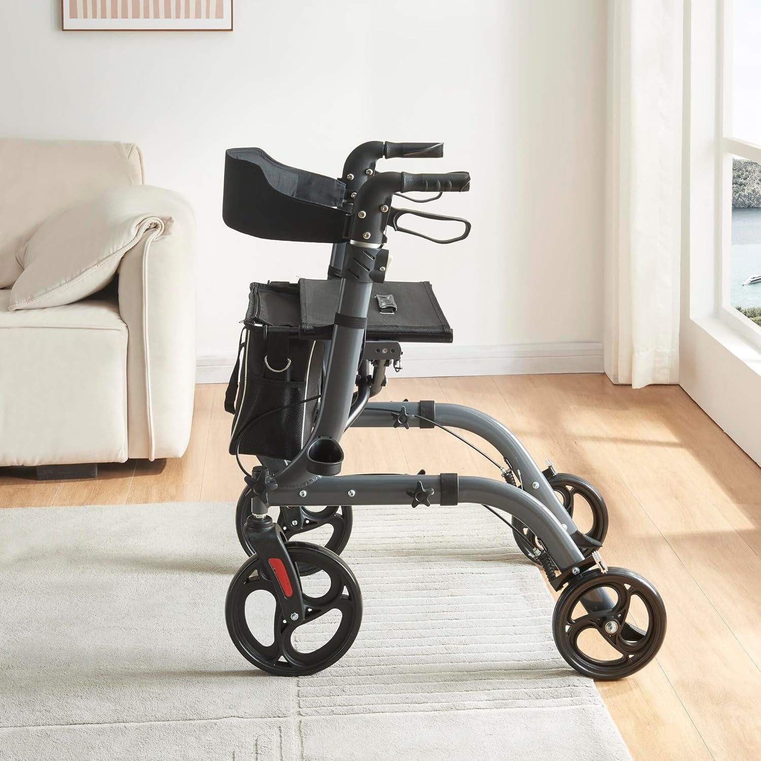 4 Wheel Rollator Walker Lightweight Folding Mobility Aid Seat Brakes Bag