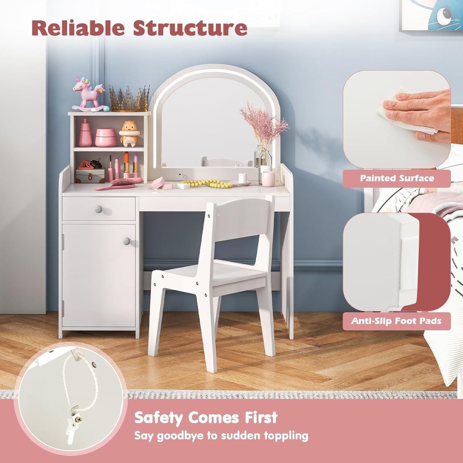 Kids Vanity Table & Chair Set with LED Mirror Storage Shelves Drawer White