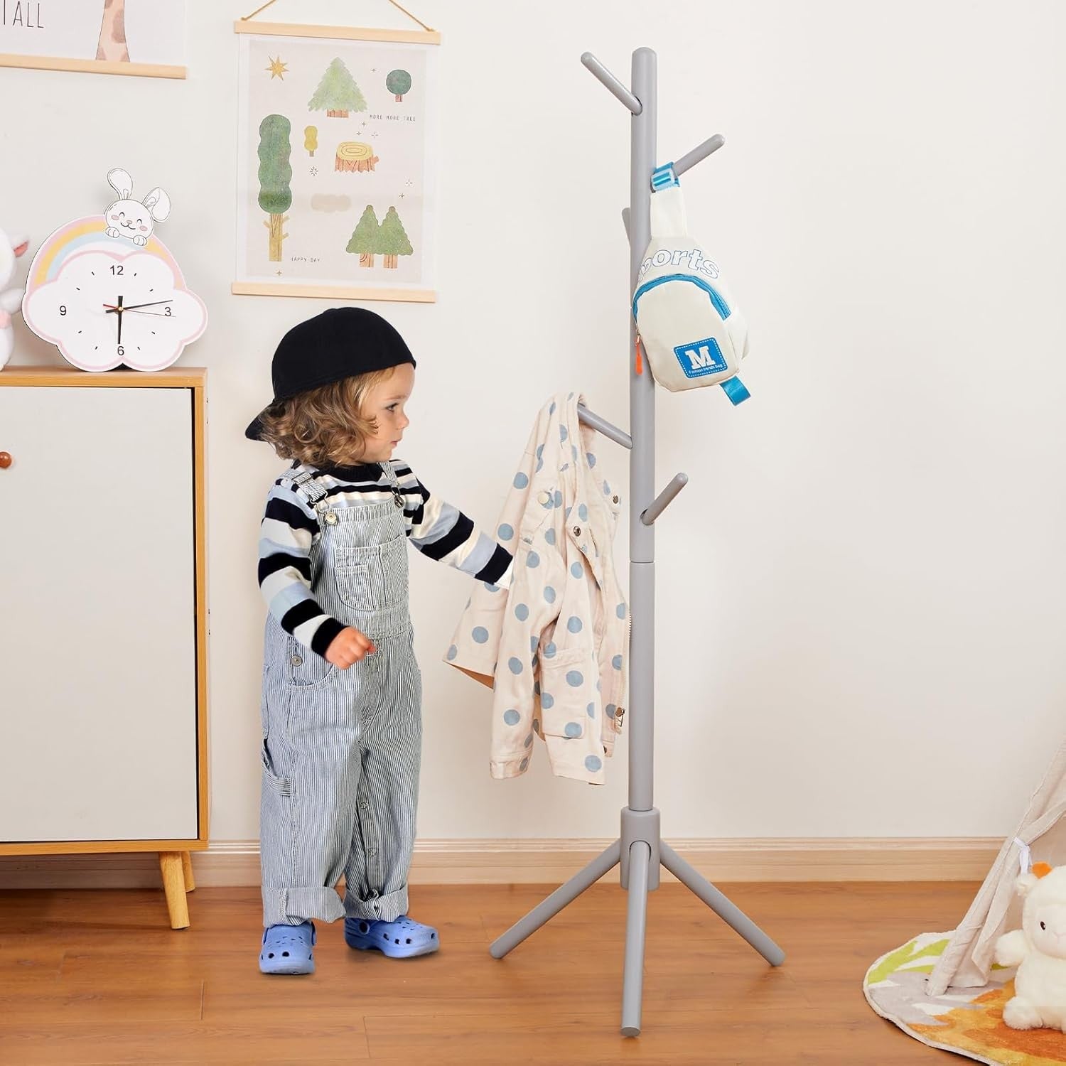 Kids Adjustable Wooden Coat Rack | 9 Hook Freestanding Hallway Stand