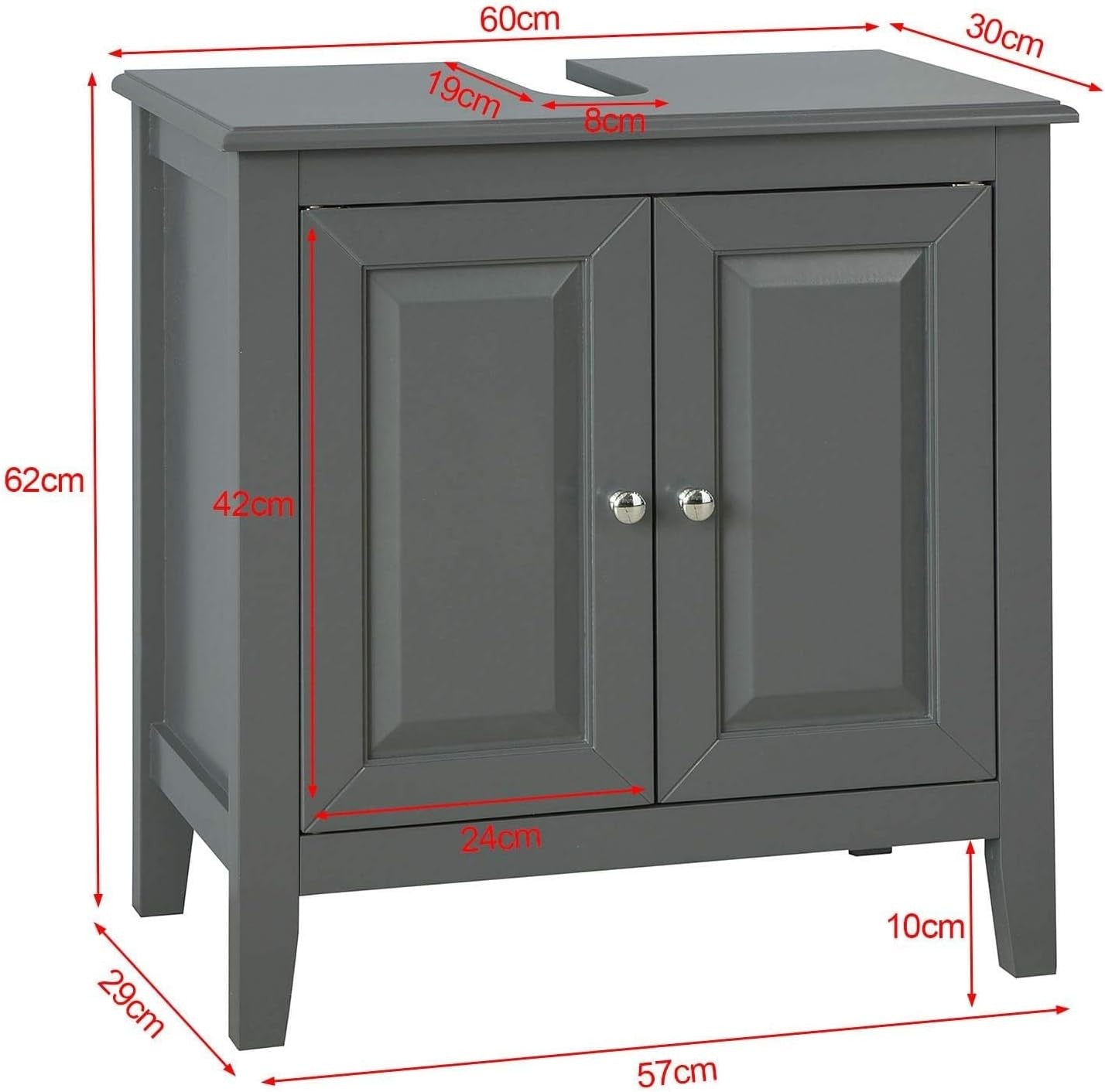 Dark Grey Bathroom Vanity Unit 2 Door Under Sink Storage Cabinet MDF Cupboard
