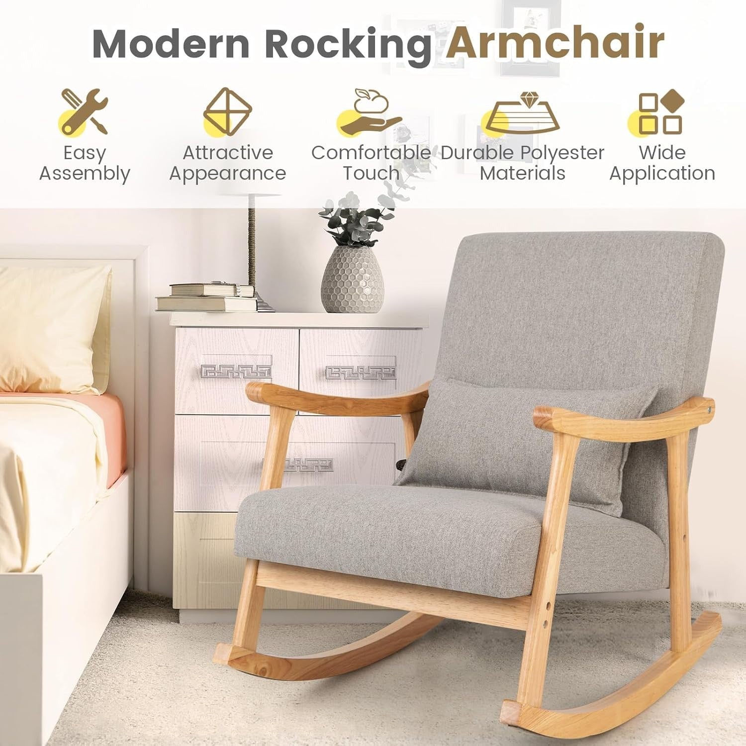 Rocking Chair with Cushion & Lumbar Pillow – Solid Wood, 83cm High, Relax