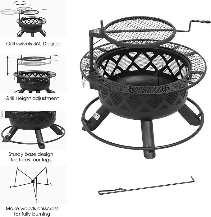 Large Outdoor Fire Pit with Swivel Cooking Grill 32in Steel Wood Burner