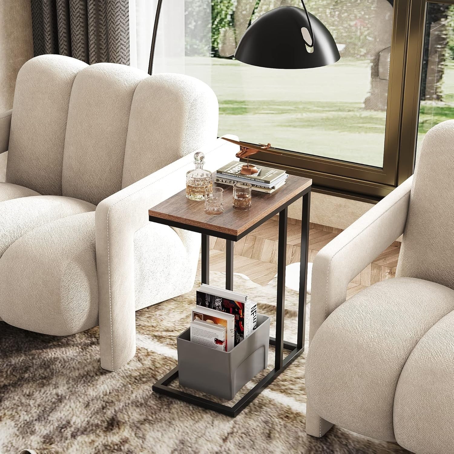 Space-Saving C-Shaped Side Table with 2-Tier Storage, Slim Durable Alloy Steel