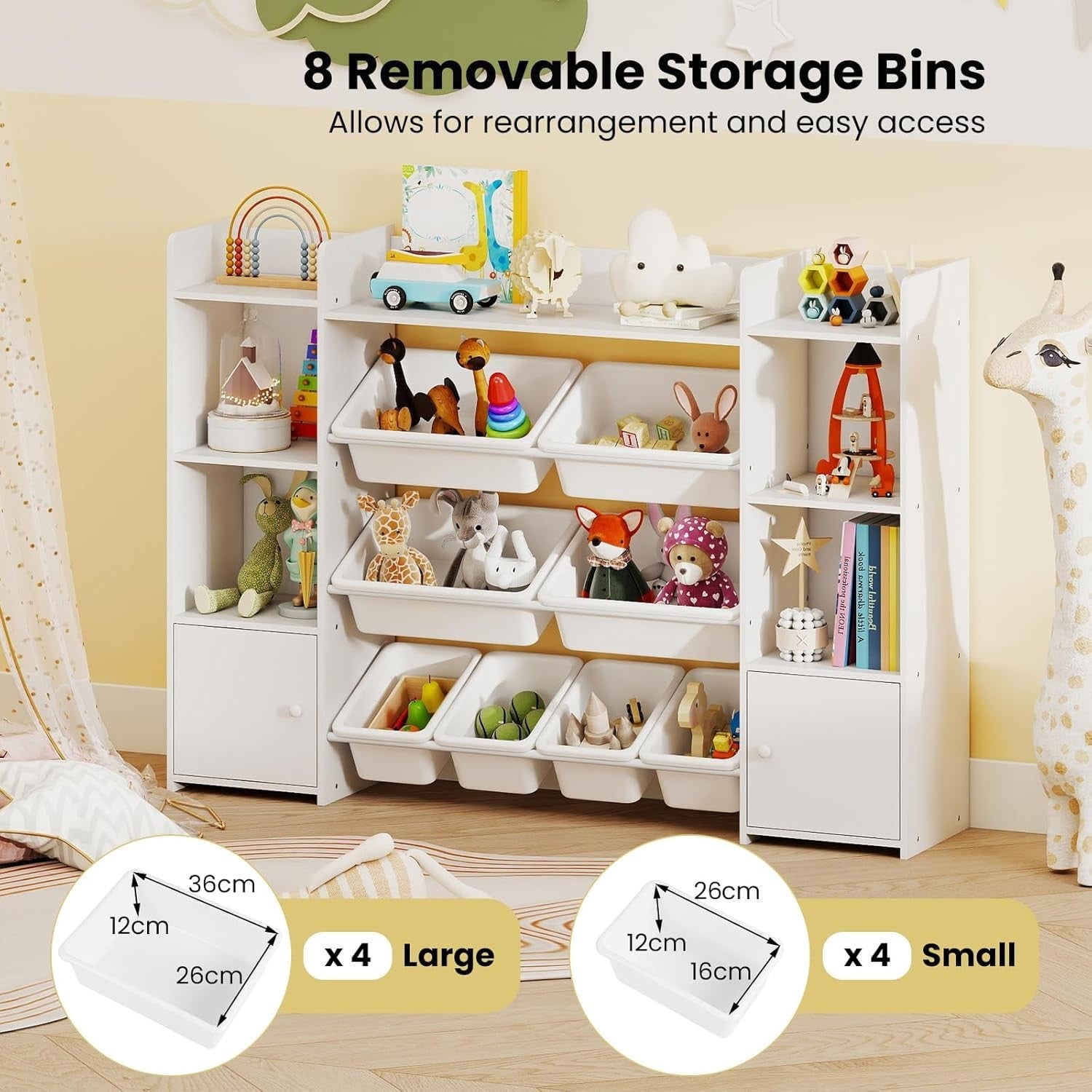 White Kids Toy Storage Unit – 4-Tier Bookshelf with Bins & Cabinets 142cm