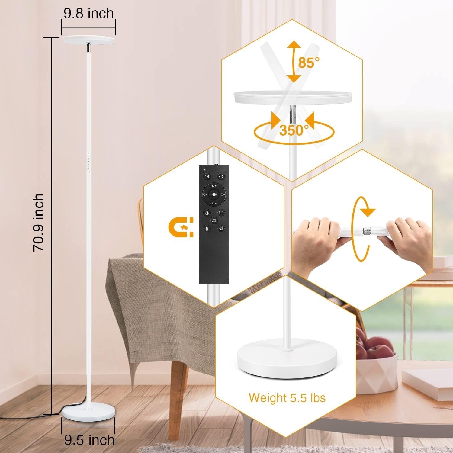 Dimmable LED Floor Lamp 3000LM with Remote & 1-Hour Timer, Touch Control
