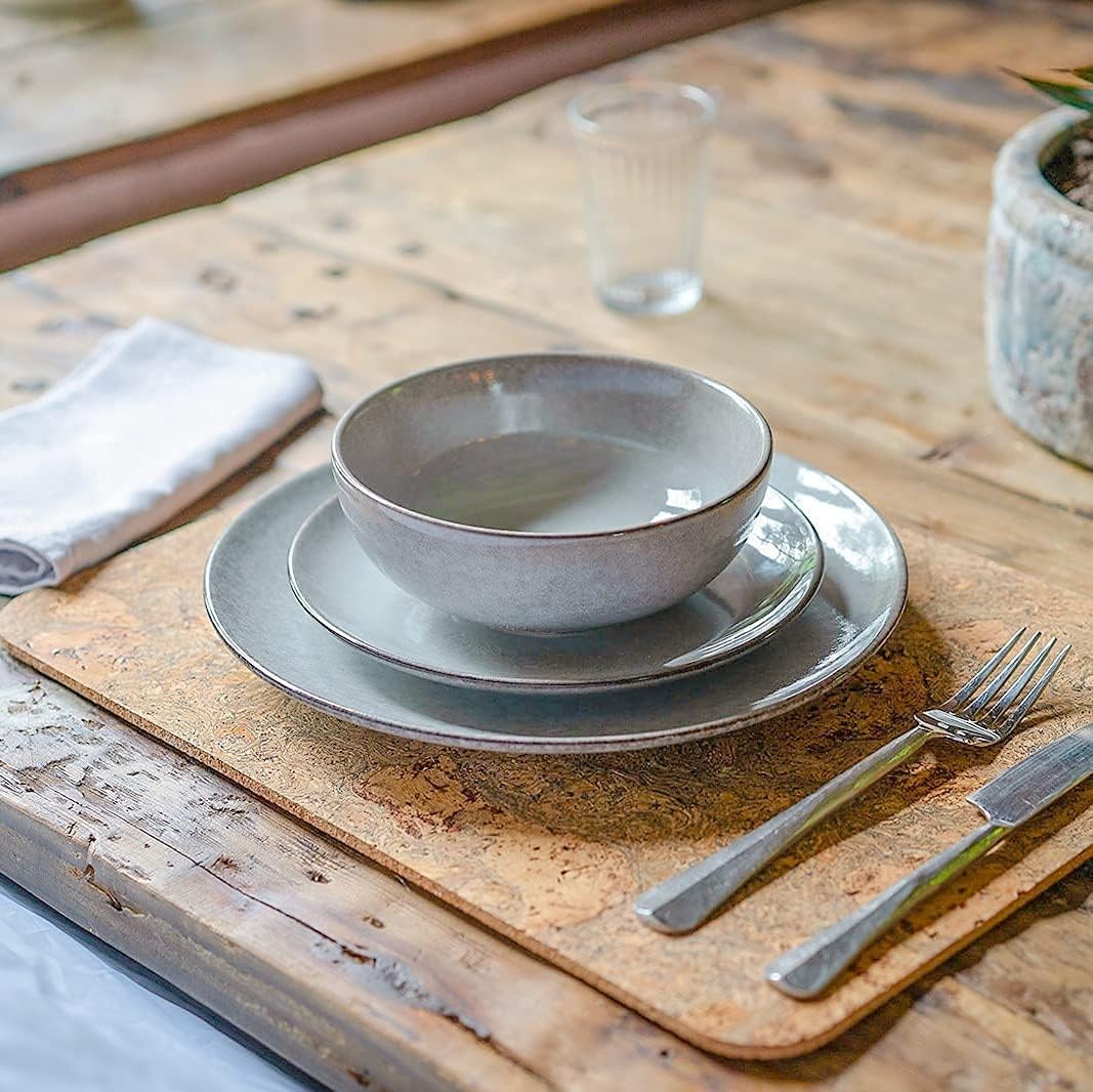 12pc Stoneware Dinner Set Grey Nordic Plates Bowls Microwave Dishwasher Safe
