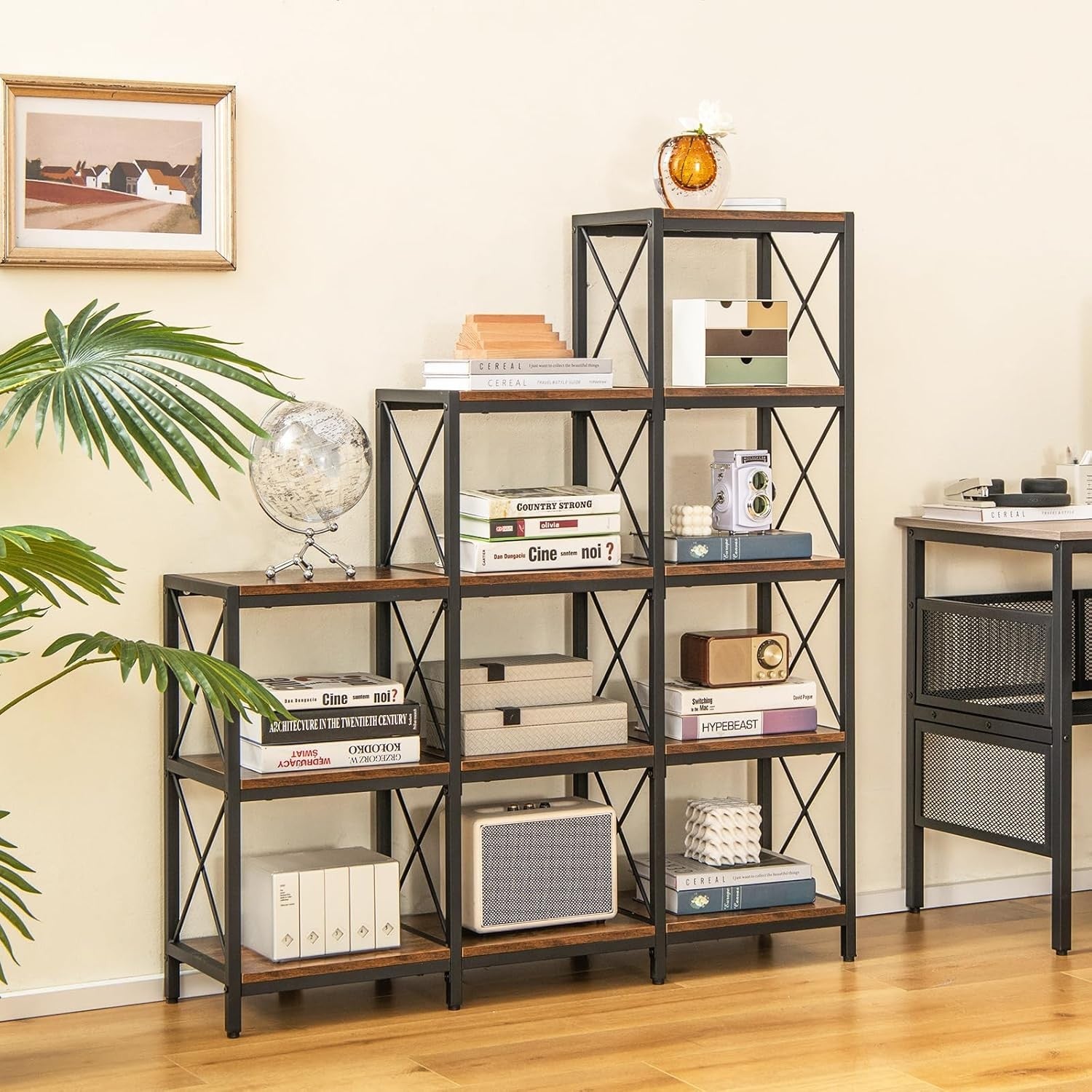Industrial 4-Tier Bookshelf Storage Rack Rustic Wood Shelving Unit Home Office