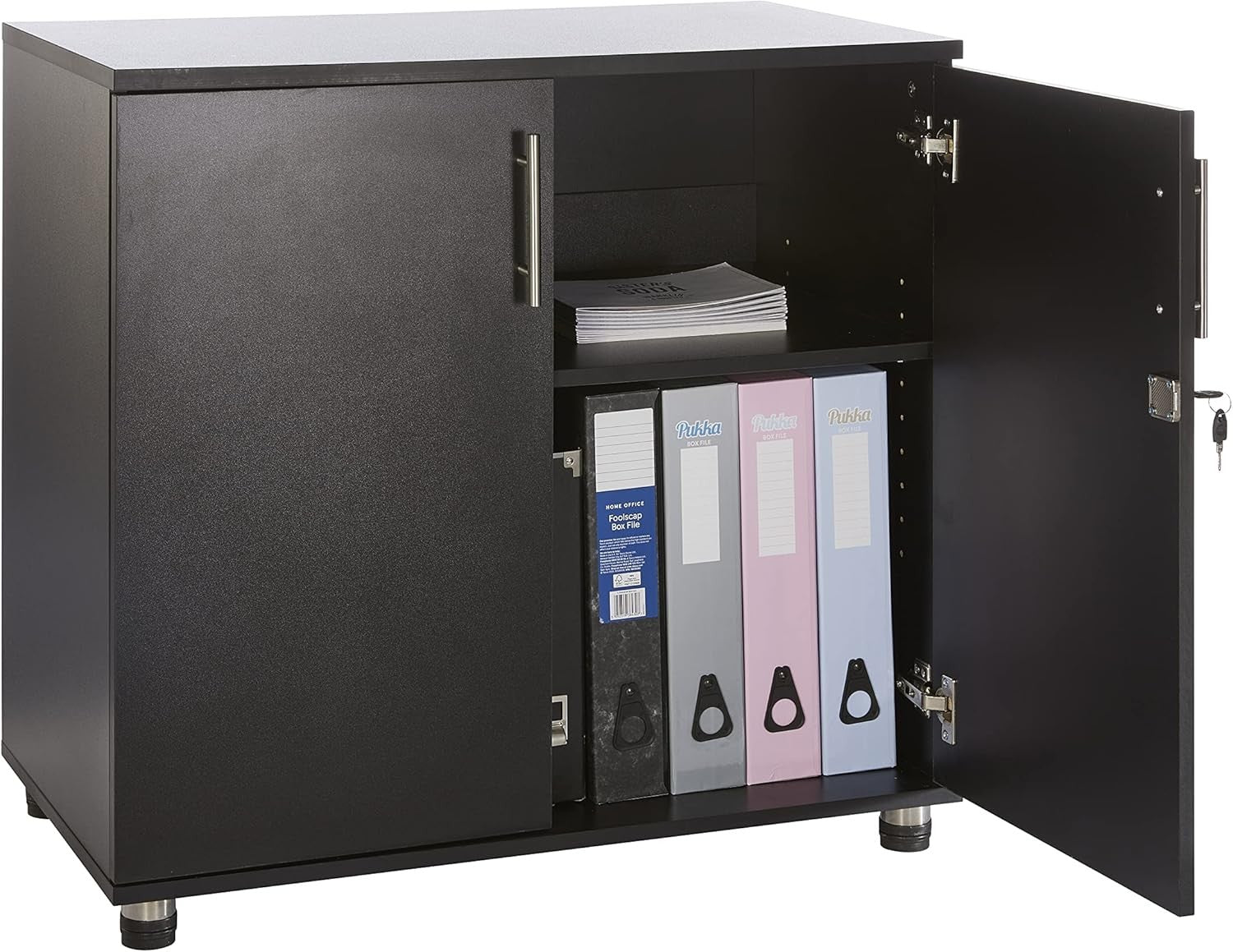 Black Storage Cabinet with Lock Doors 2 Tier Cupboard Adjustable Shelves