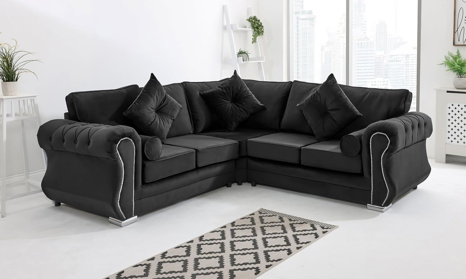 Black Plush Velvet Corner Sofa 5 Seater with Foam Cushions & Chrome Feet