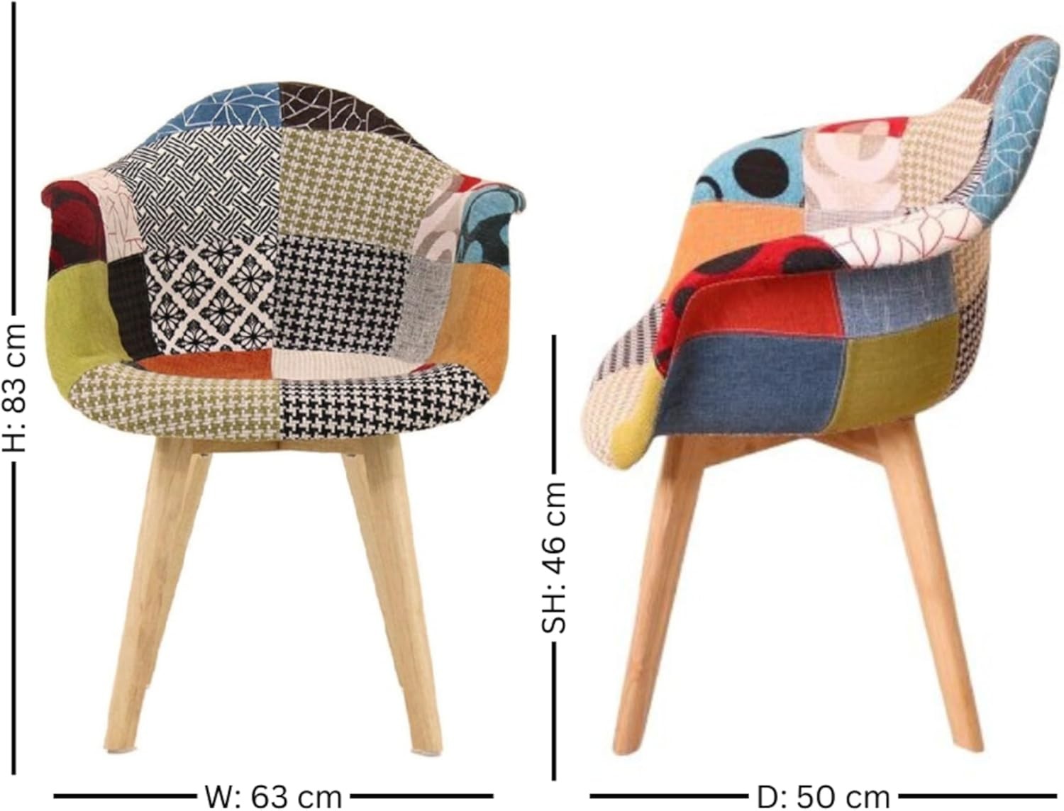 Patchwork Dining Chairs Set of 2 with Arms Wood Legs Fabric