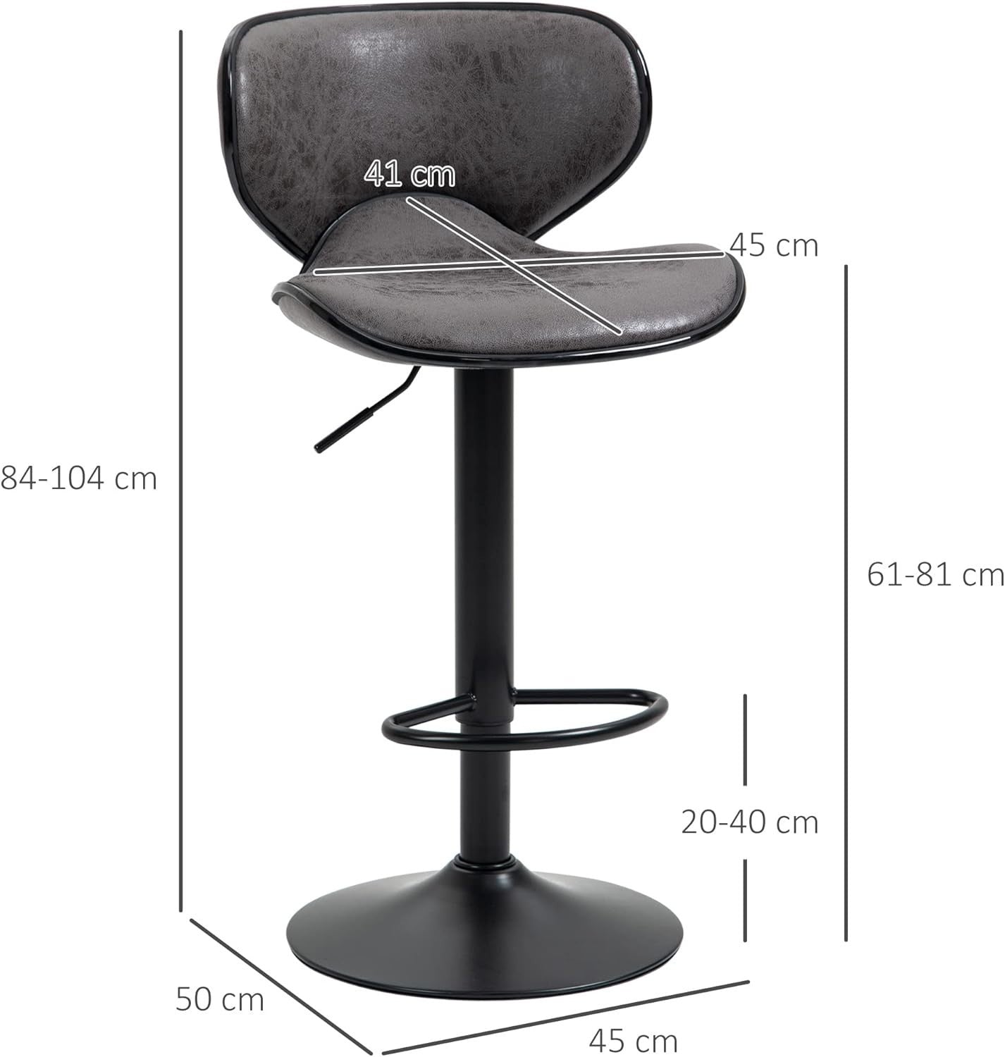 Adjustable Swivel Bar Stools Set of 2 | Dark Grey Faux Leather Breakfast Chairs