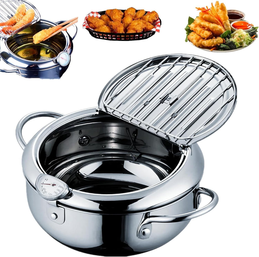28cm Stainless Steel Deep Fryer Pot w Thermometer Oil Drip Lid 4.2L