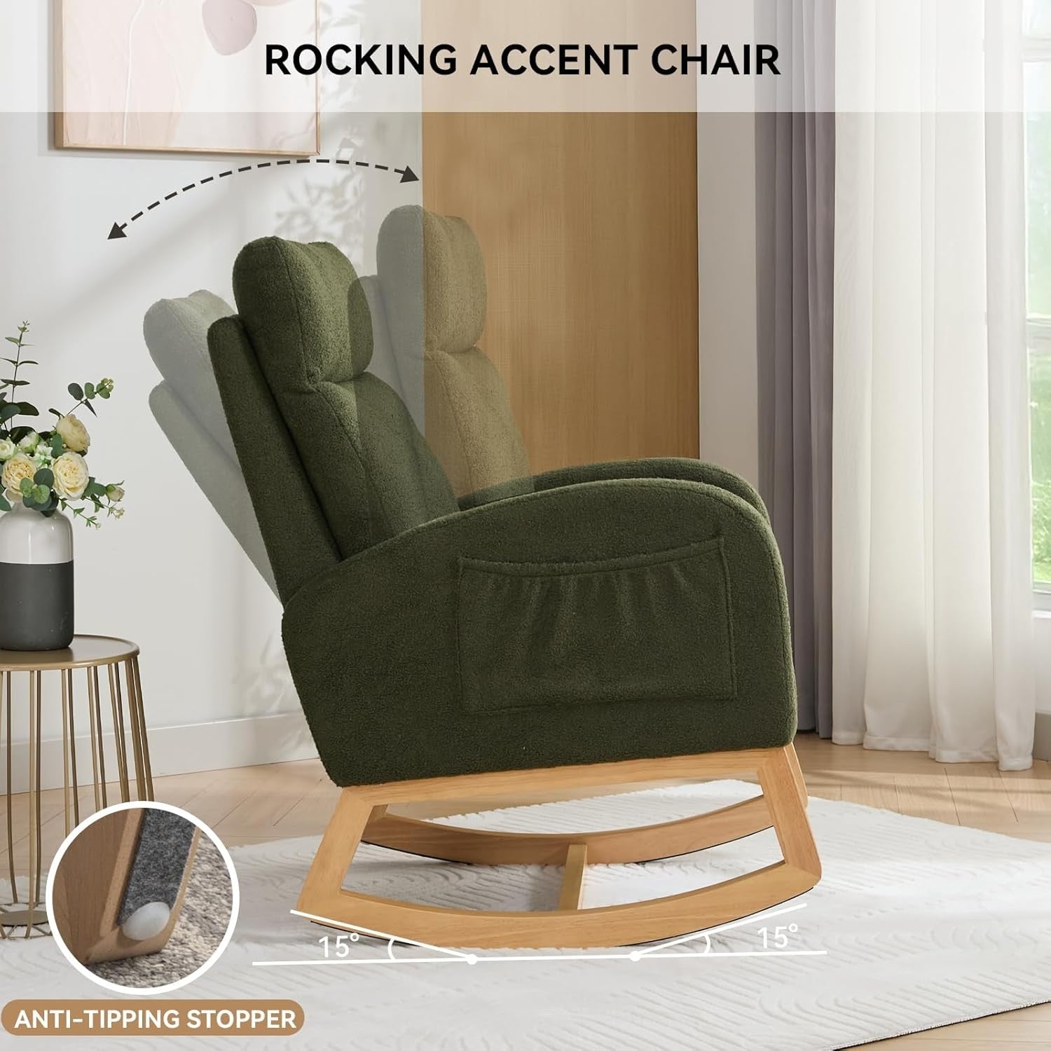 Nursery Rocking Chair with Side Pocket, Boucle Glider, Comfy & Stylish