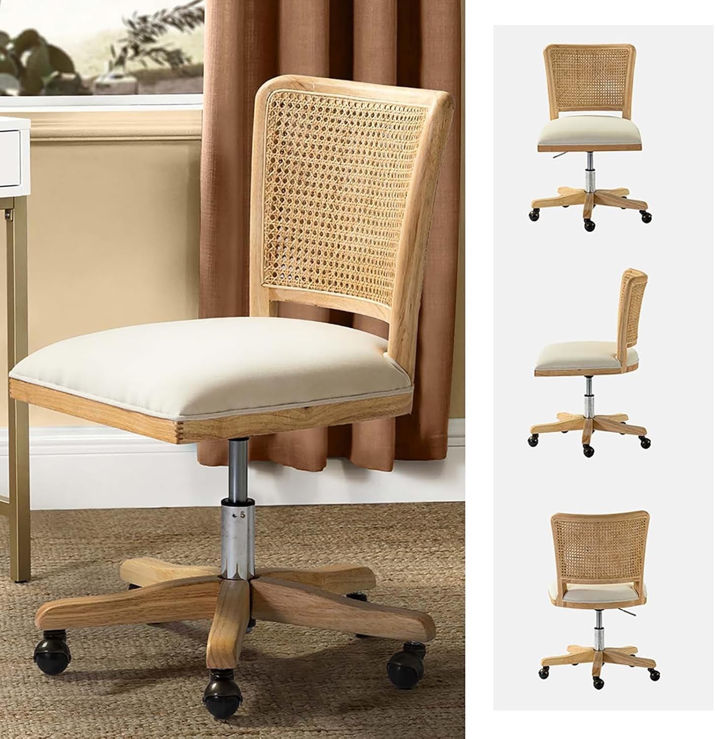Beige Swivel Office Chair Adjustable Height Upholstered Rattan Desk Seat