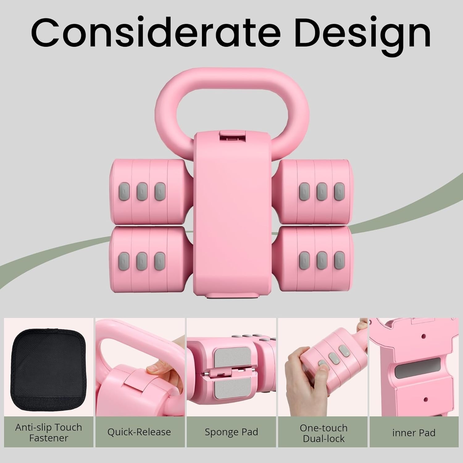 Pink 2-in-1 Adjustable Dumbbell Kettlebell Set Quick Change 2.2–5.5lb