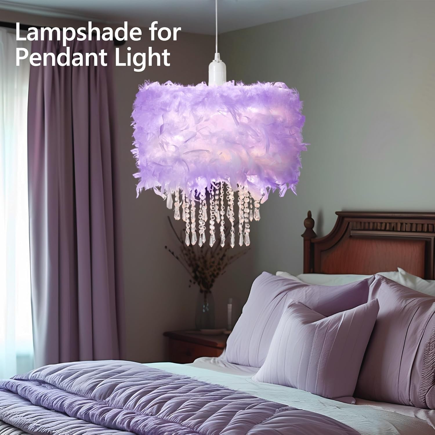 Feather Lampshade Purple Fluffy Ceiling Pendant Drum Shade Crystal Drops