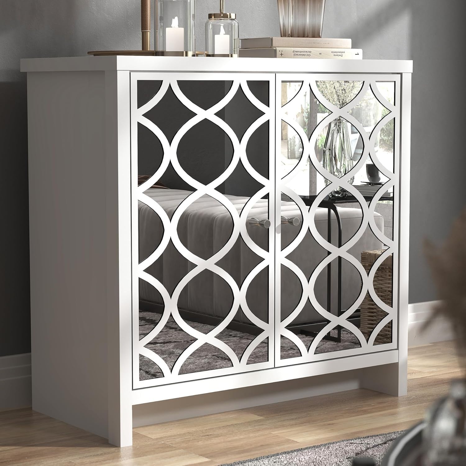 White 2 Door Sideboard Mirror Front Cabinet Modern Storage Unit Hallway