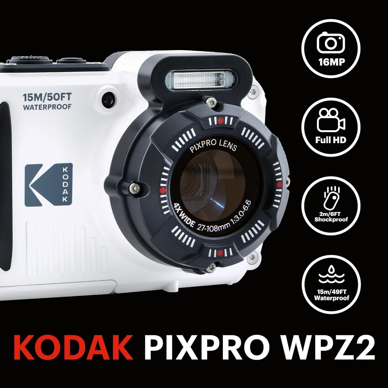 Waterproof Tough Digital Camera 16MP 4X Zoom Full HD White