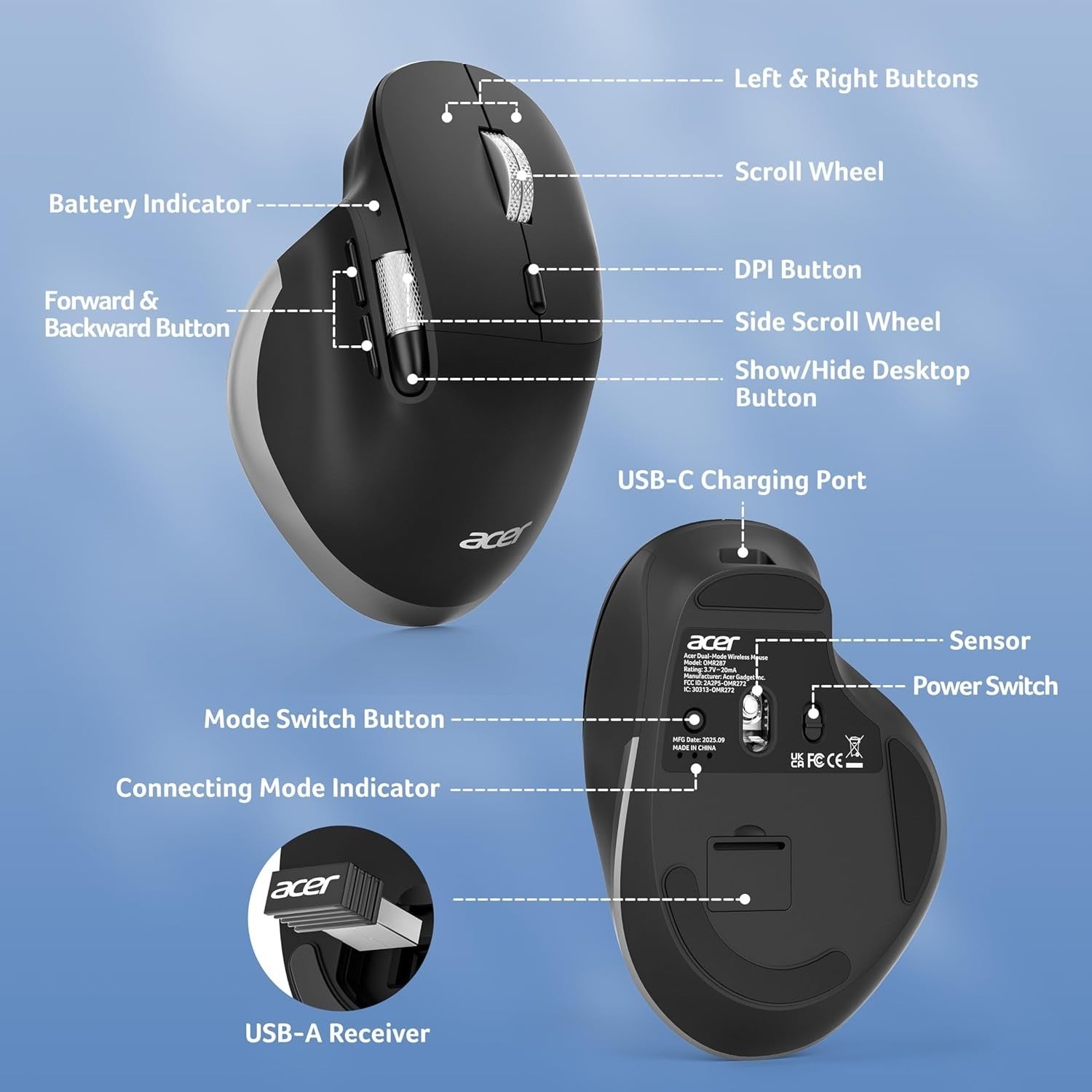Ergonomic Wireless Mouse Side Scroll Bluetooth Dual Mode 4800 DPI Office