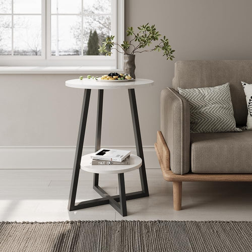 Small Round Coffee Table with 2 Storage Shelves – Slim, Sturdy & Modern