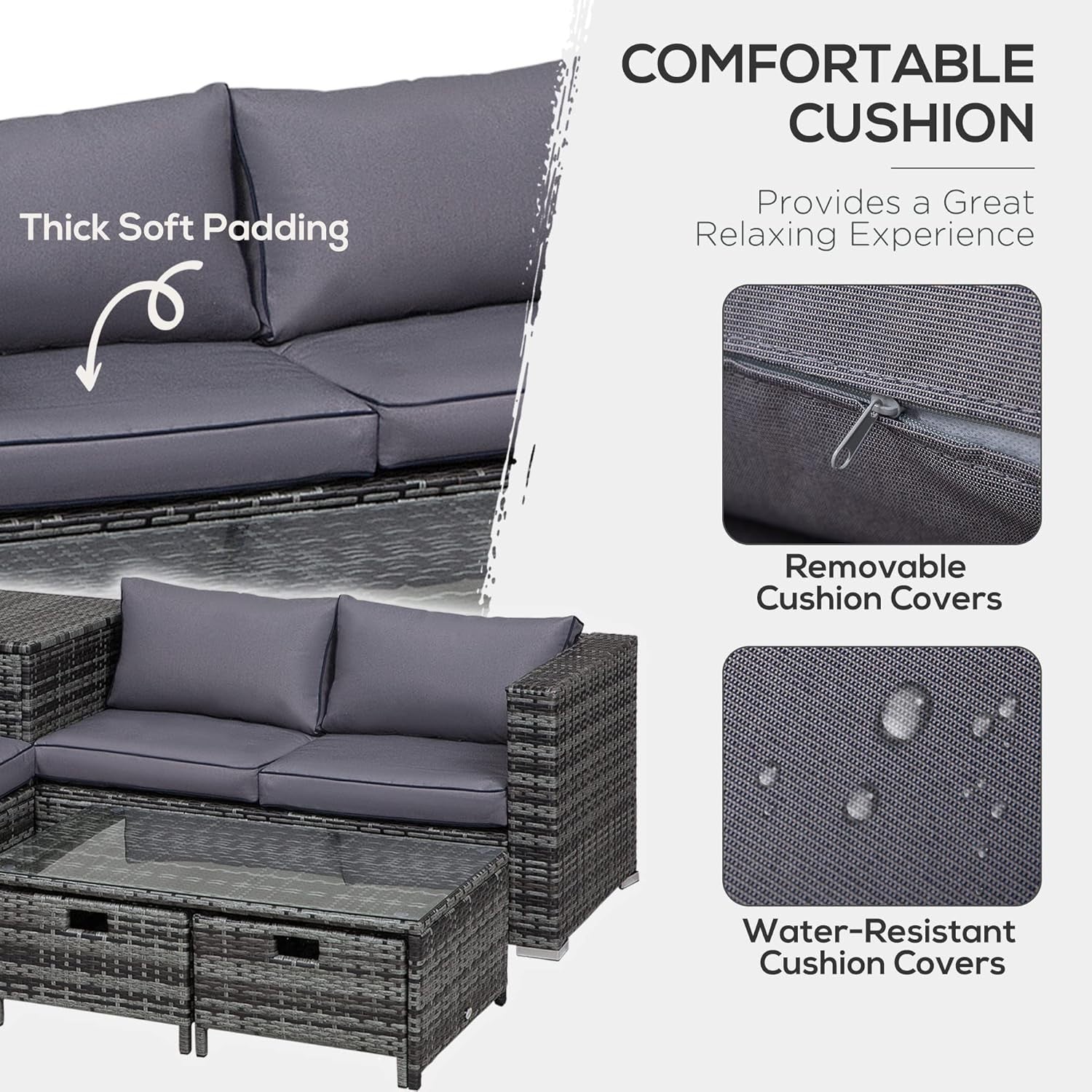 4PC Rattan Garden Sofa Set with Storage Drawers Cushions Glass Table Grey
