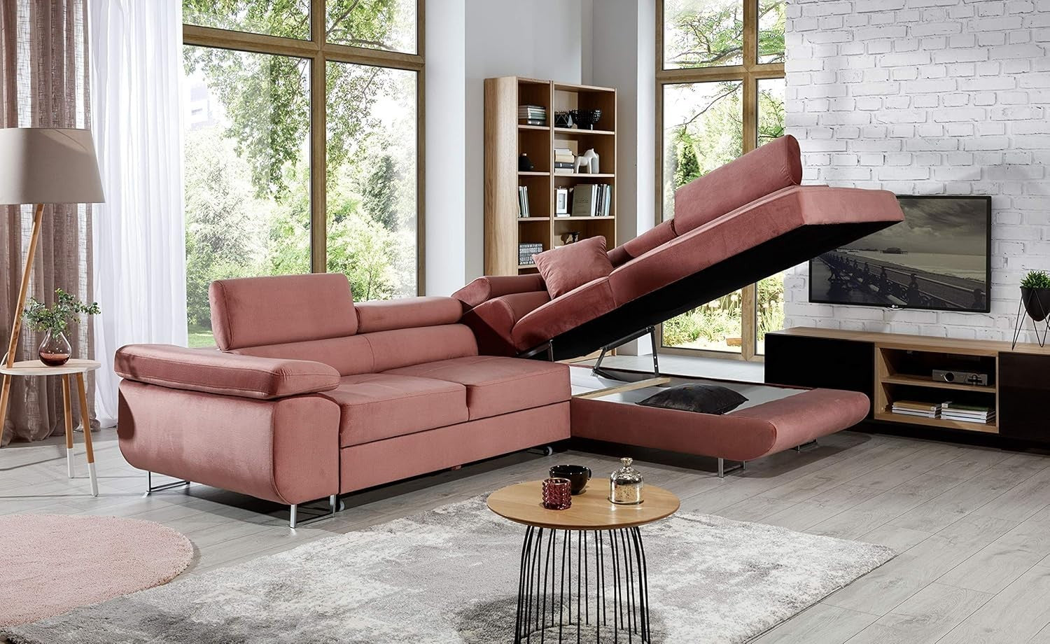 3-Seater L-Shape Corner Sofa Bed – Microfiber, Modern Beige & Brown Design