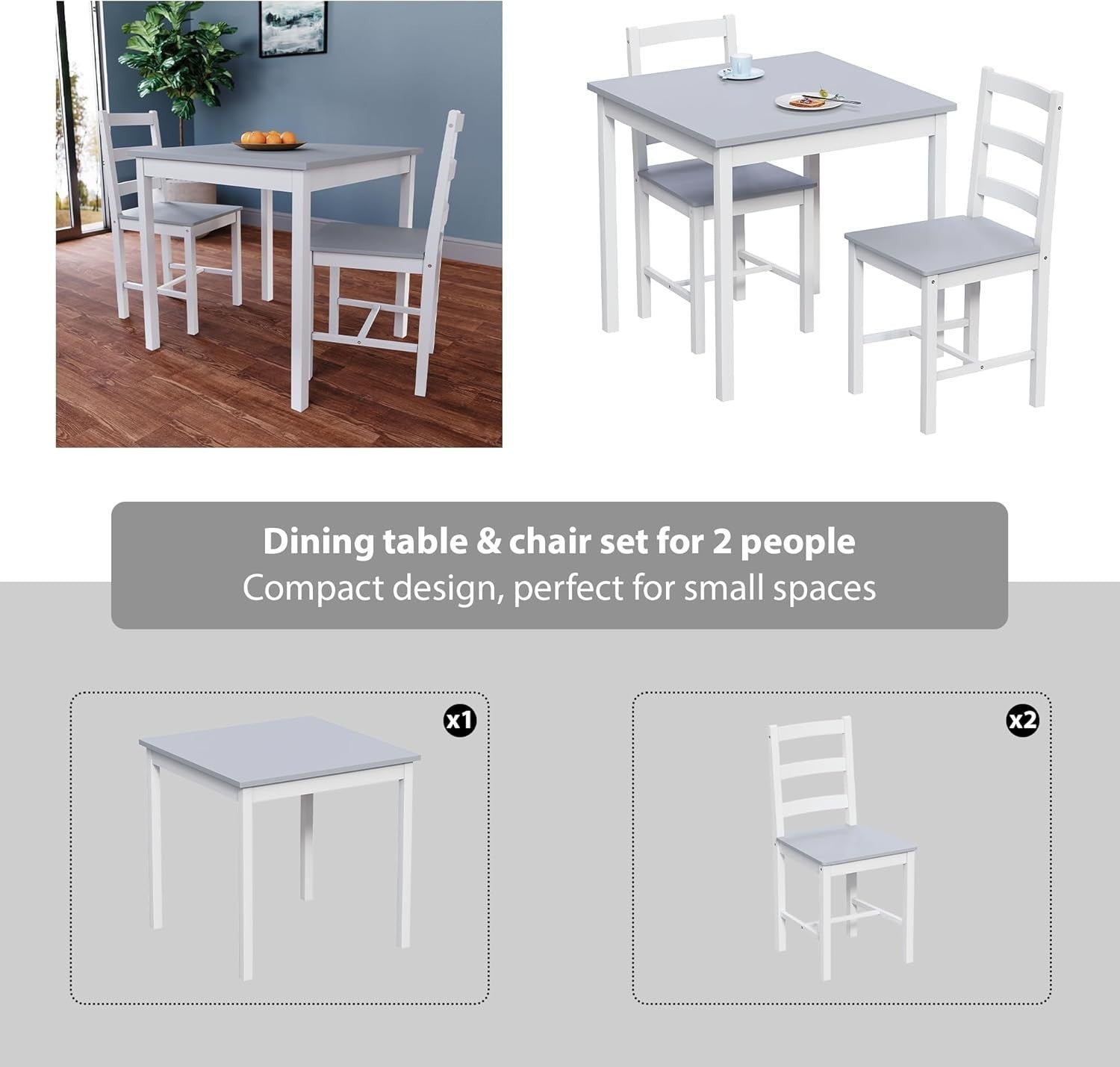 White & Grey 2 Seater Dining Table Set | Compact Kitchen Table & Chairs